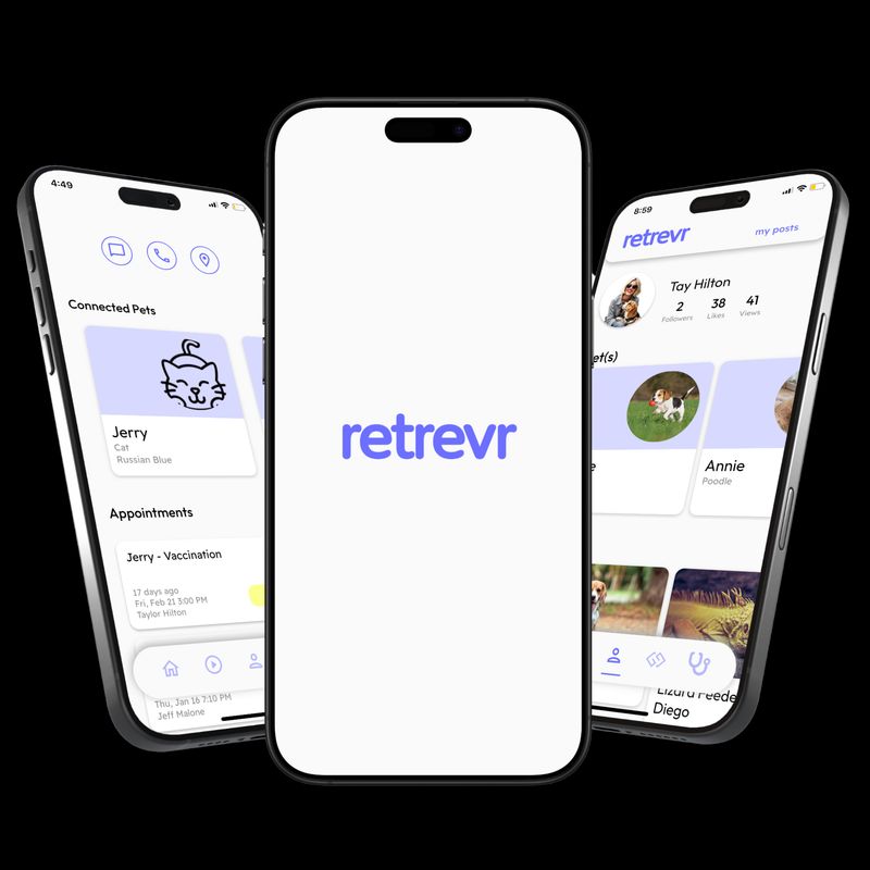 Three phones showing Retrevr texting pet owners back